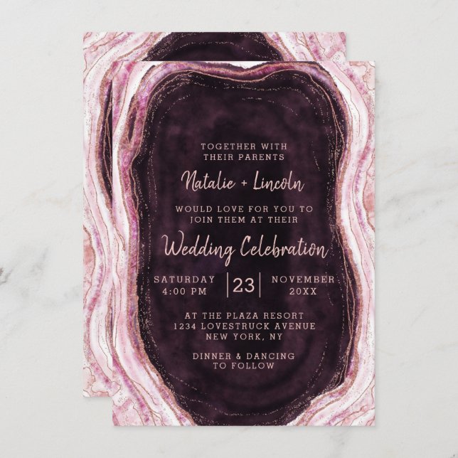 Invitation Bourgogne et Rose Gold Geode Agate Rock Mariage (Devant / Derrière)