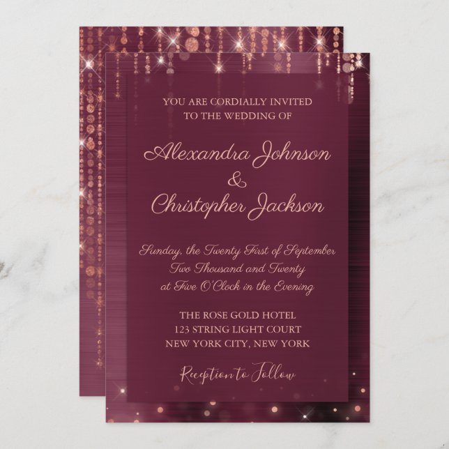 Invitation Bourgogne et Rose Gold Sparkle Mariage (Devant / Derrière)