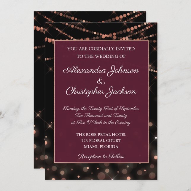 Invitation Bourgogne et Rose Gold String Mariage (Devant / Derrière)