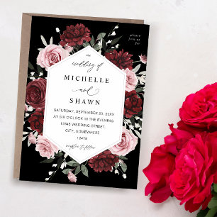Invitation Bourgogne et rose pâle 6 Mariage floral - Noir