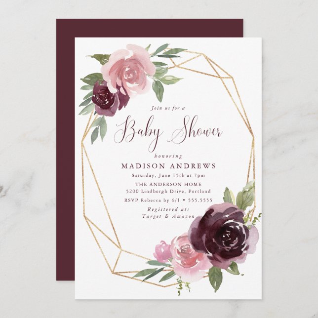 Invitation Bourgogne et rose pâle | Baby shower (Devant / Derrière)