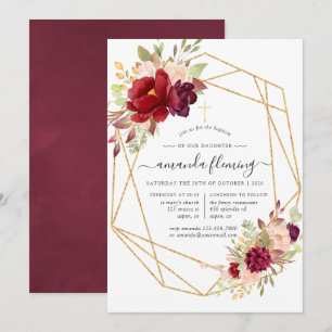 Invitation Bourgogne et rose poudré Géométrique Baptême