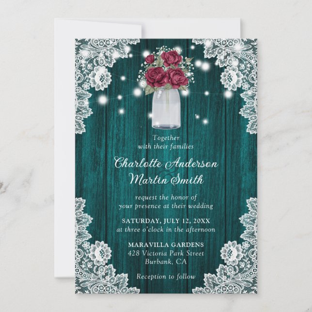 Invitation Bourgogne et Turquoise dentelle de bois Mariage Fl (Devant)
