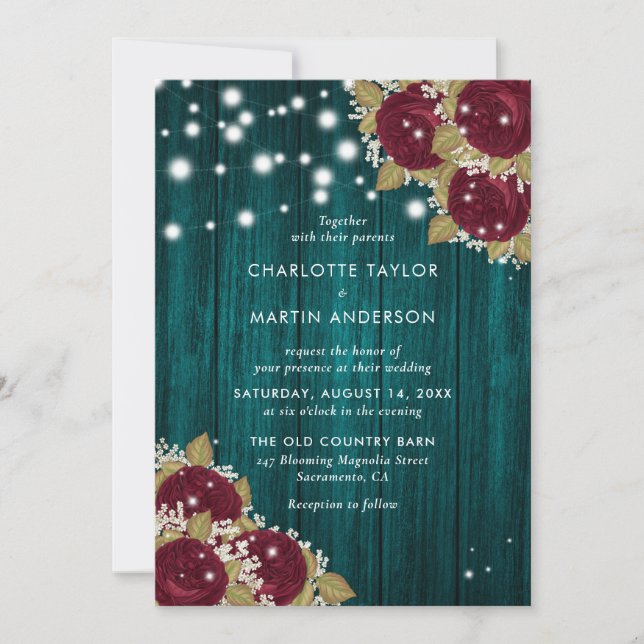 Invitation Bourgogne et Turquoise Lumières bois Mariage flora (Devant)