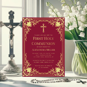 Invitation Bourgogne Faux Gold Vintage Girl First Communion