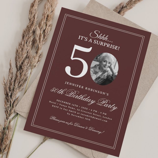Invitation Bourgogne | Fête surprise pour 50 ans (Burgundy | Surprise 50th Birthday Party Invitation)
