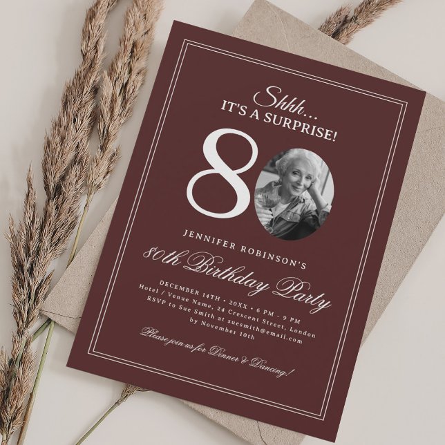 Invitation Bourgogne | Fête surprise pour 80 ans (Burgundy | Surprise 80th Birthday Party Invitation)