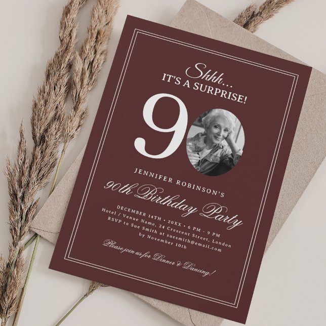 Invitation Bourgogne | Fête surprise pour 90 ans (Burgundy | Surprise 90th Birthday Party Invitation)