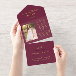 Invitation Bourgogne Feuille D'or Photo Graduation Tout En Un