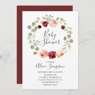 Invitation Bourgogne Fleur vert Baby shower Eucalyptus