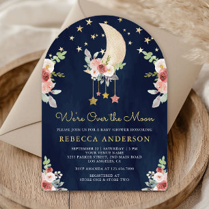 Invitation Bourgogne Fleurs Étoiles Lune Arche Bleu Marine Ba