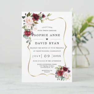Invitation Bourgogne Fleurs Roses Or Tout En Un Mariage