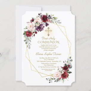 Invitation Bourgogne Fleurs Rouges Or Frame Sainte Communion