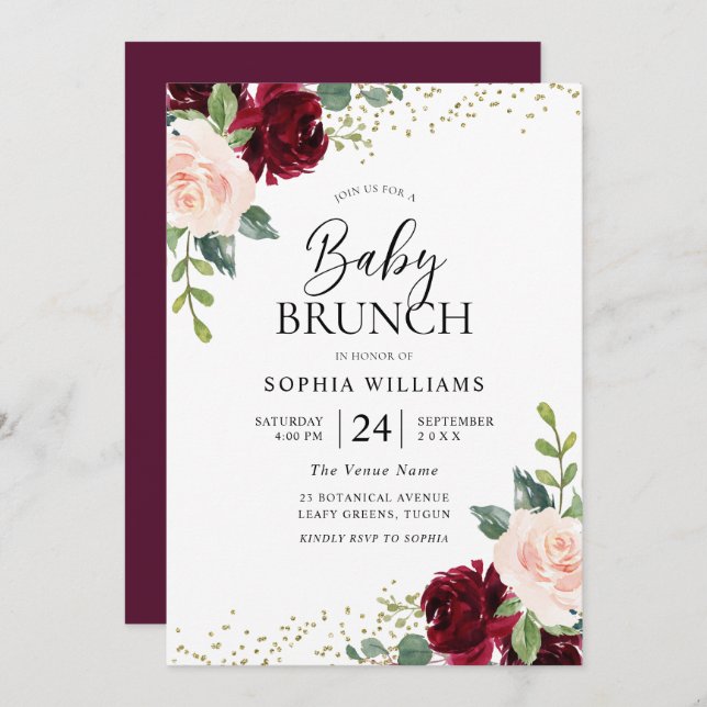 Invitation Bourgogne & Fleurs rousses Baby shower Brunch (Devant / Derrière)
