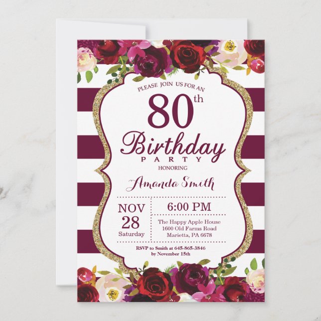 Invitation Bourgogne Floral 80e anniversaire de fête Invitati (Devant)
