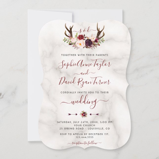 Invitation Bourgogne Floral Antlers Calligraphie Marbre Maria (Devant)