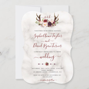 Invitation Bourgogne Floral Antlers Calligraphie Marbre Maria