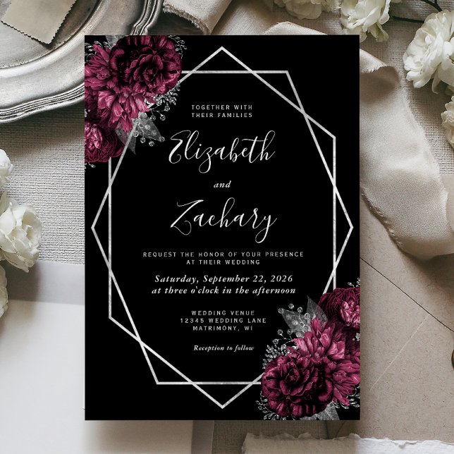 Invitation Bourgogne Floral Argent Frame Black Mariage (Créateur téléchargé)