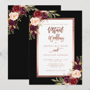 Invitation Bourgogne Floral Black Rose Gold Mariage virtuel