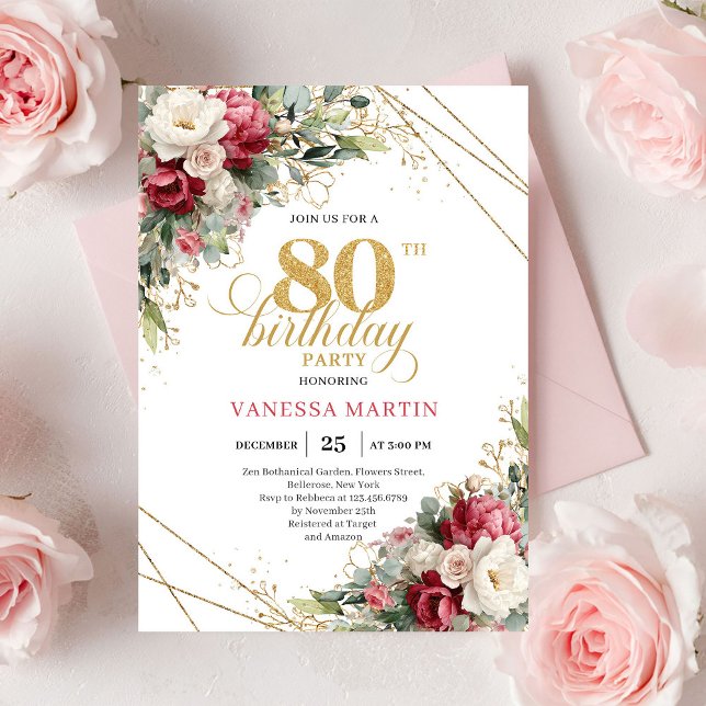 Invitation Bourgogne floral blanc style 80 ans (Burgundy white floral greenery style 80th birthday invitation

)