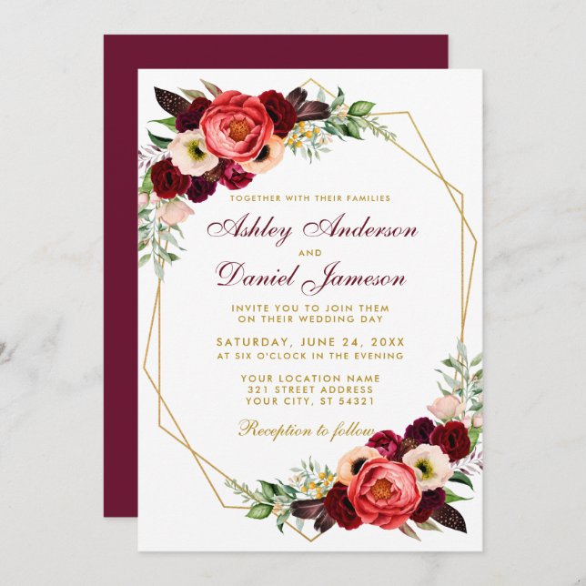 Invitation Bourgogne Floral Boho Mariage Gold Frame B (Devant / Derrière)