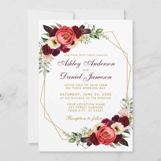 Invitation Bourgogne Floral Boho Mariage Gold Frame W (Devant)