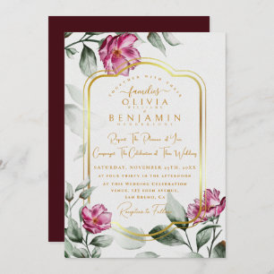 Invitation Bourgogne Floral Chic Golden Frame Mariage Invitat