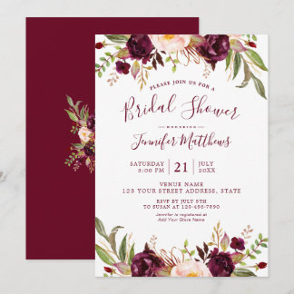 Invitation Bourgogne Floral Chic Script Rustique Fête des mar