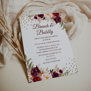 Invitation Bourgogne Floral Confetti Brunch et Bubbly Douche