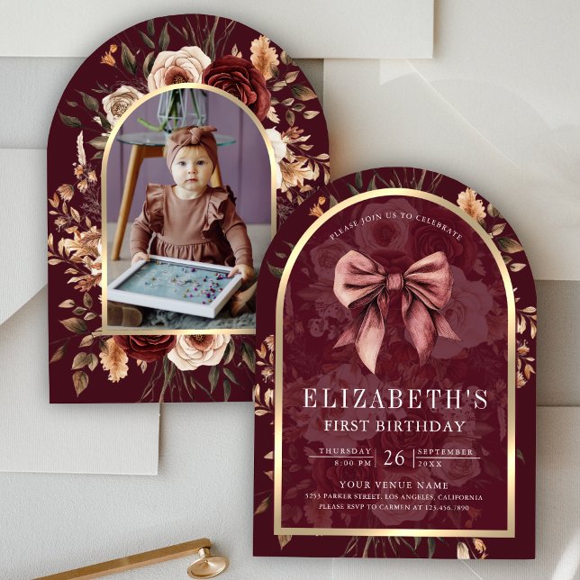 Invitation Bourgogne Floral Coquette Bow Arch Premier anniver (Créateur téléchargé)