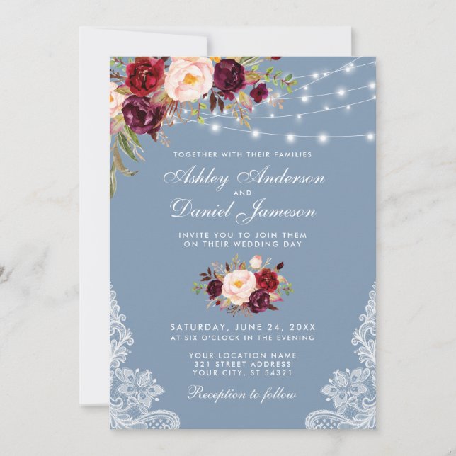 Invitation Bourgogne Floral Dusty Bleu Mariage Luminaires (Devant)