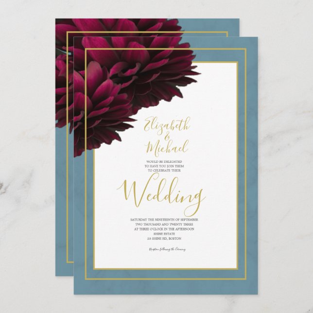 Invitation Bourgogne Floral Dusty Blue Gold Mariage élégant (Devant / Derrière)