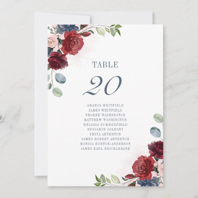Invitation Bourgogne Floral Dusty Blue Mariage Numéro de tabl (Devant)