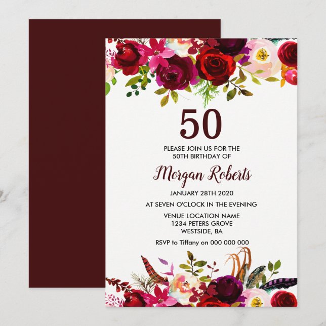 Invitation Bourgogne Floral Elégant 50ème anniversaire Invita (Devant / Derrière)