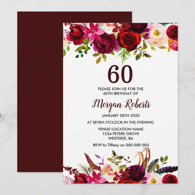 Invitation Bourgogne Floral Elégant 60e anniversaire Invitati (Devant / Derrière)