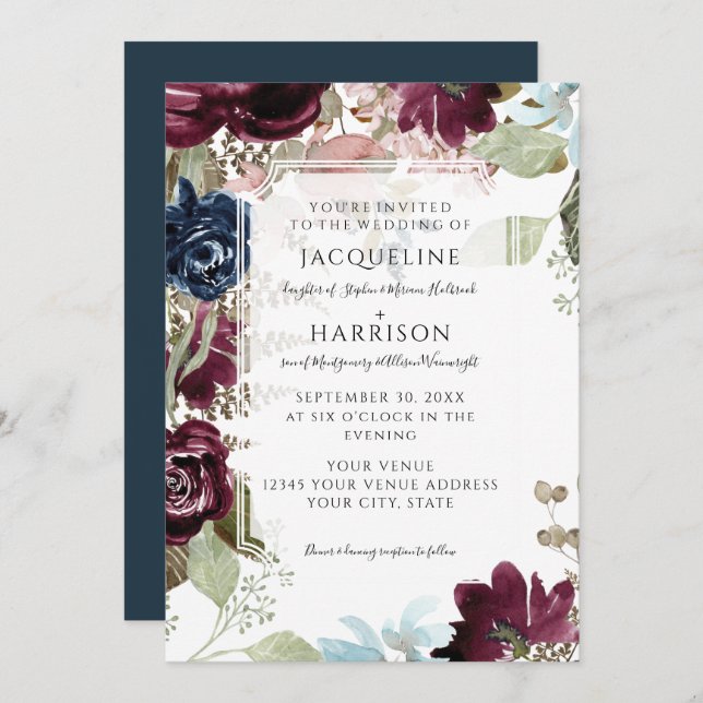 Invitation Bourgogne Floral Elegant Blush Fall Foliing Mariag (Devant / Derrière)