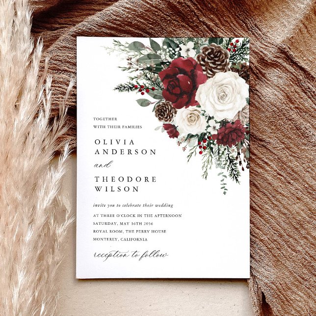 Invitation Bourgogne Floral Élégant Mariage d'Hiver (Burgundy winter floral wedding invitation pinecone ivory rustic elegant watercolor invite)