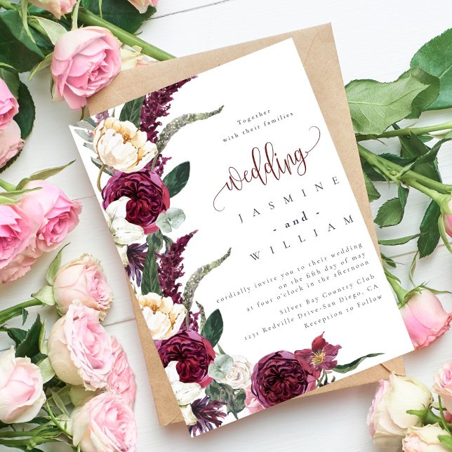 Invitation Bourgogne Floral Élégant Monogramme Rustique Maria (Créateur téléchargé)