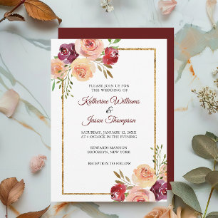 Invitation Bourgogne Floral Elégant Peony Gold Mariage