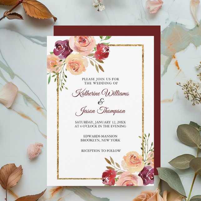Invitation Bourgogne Floral Elégant Peony Gold Mariage (Créateur téléchargé)