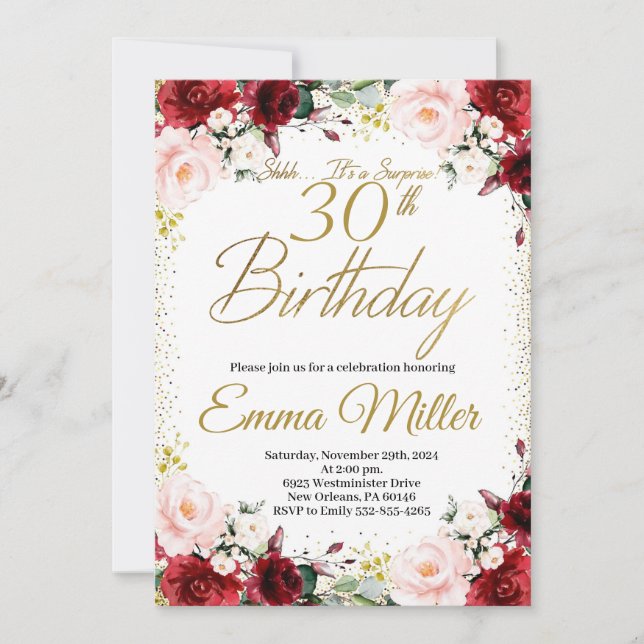 Invitation Bourgogne Floral et Gold Surprise 30e anniversaire (Devant)