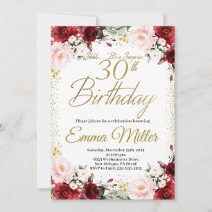 Invitation Bourgogne Floral et Gold Surprise 30e anniversaire