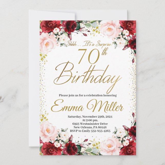 Invitation Bourgogne Floral et Gold Surprise 70e anniversaire (Devant)