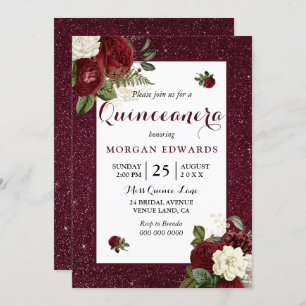 Invitation Bourgogne Floral Faux Metallic Quinceanera Invitat