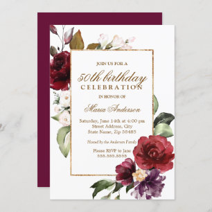 Invitation Bourgogne Floral Gold 50e fête d'anniversaire