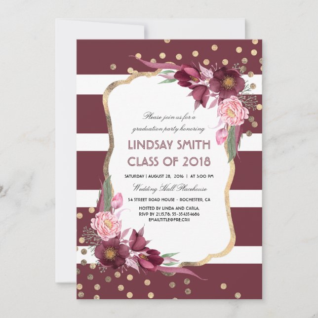 Invitation Bourgogne Floral Gold Confetti Graduation Party (Devant)