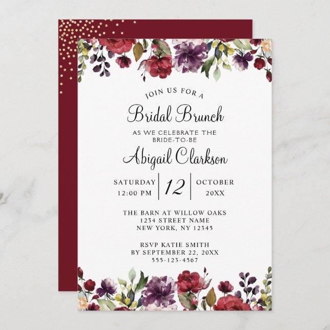 Invitation Bourgogne Floral Gold Foil Bridal Brunch Douche (Devant / Derrière)