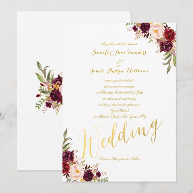 Invitation Bourgogne Floral Gold Foil Script Mariage Invitati (Devant / Derrière)