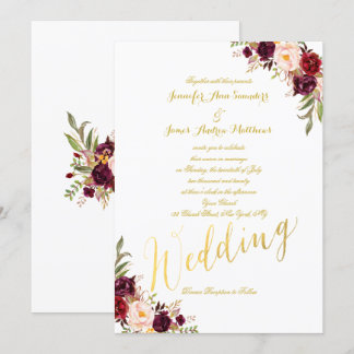 Invitation Bourgogne Floral Gold Foil Script Mariage Invitati