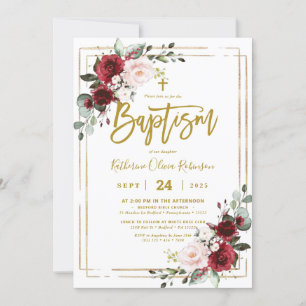 Invitation Bourgogne Floral Gold Frame Photo Baptême